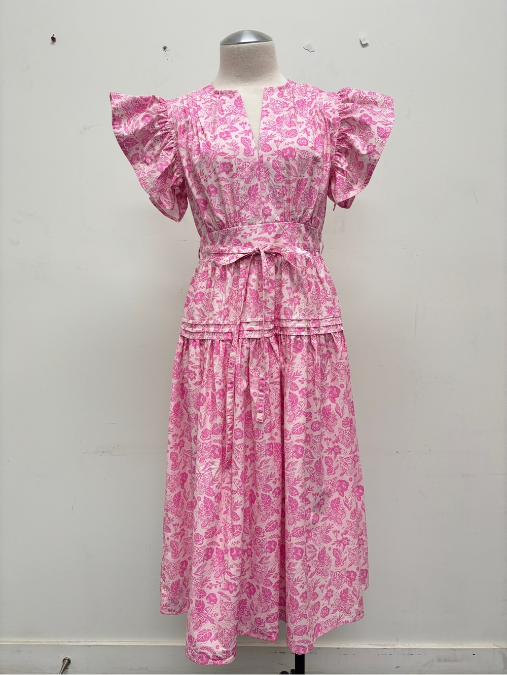 Pink Floral Flutter Sleeve Midi Dress